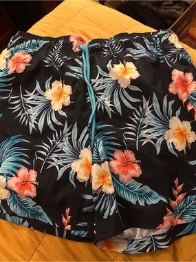 George Black Floral Swim Shorts with Teal and Yellow Accents